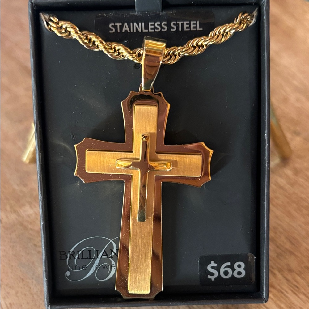 Gold Toned stainless steel Cross Pendant Necklace